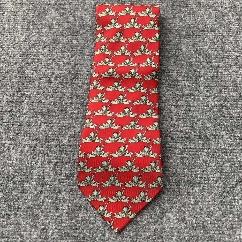 Peace Frogs Silk Necktie Red Green Whimsical Novelty Preppy Holiday